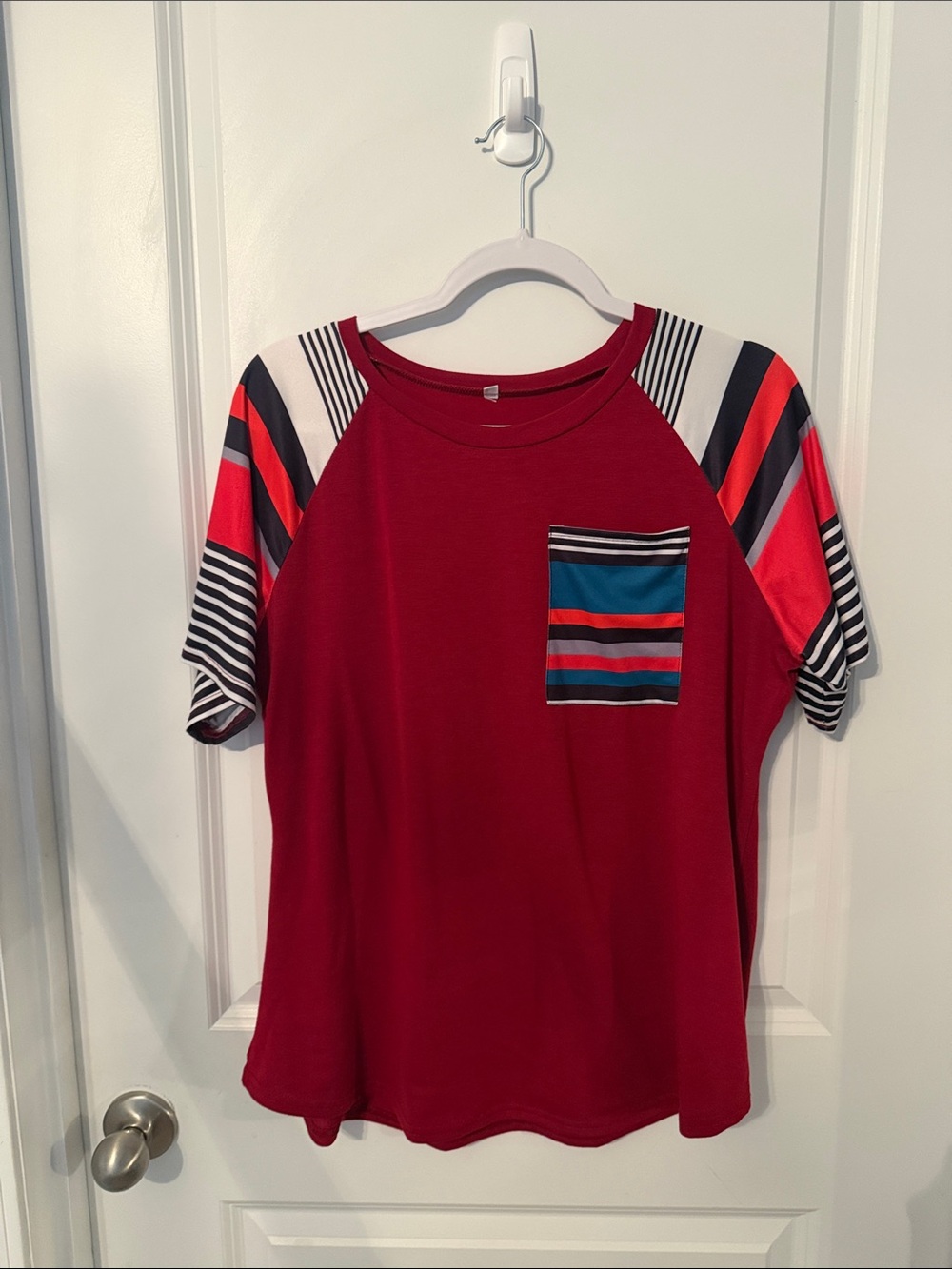 Women's Red Striped Pocket Long-Sleeve Tee